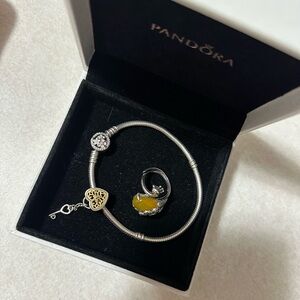 Pandora Silver Bracelet with Gold Heart Charm and Ring